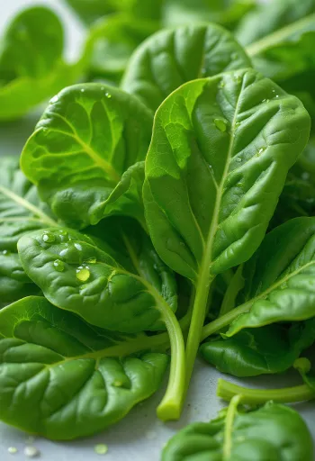 자연광 아래 나무 도마 위에 놓인 싱싱한 초록색 시금치 잎