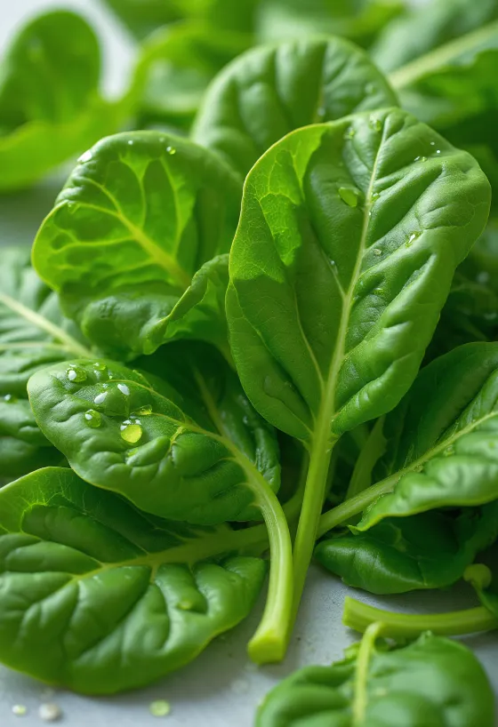 자연광 아래 나무 도마 위에 놓인 싱싱한 초록색 시금치 잎