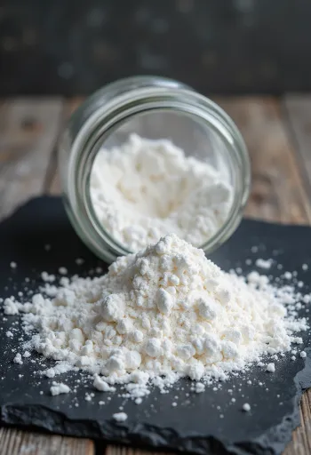 작은 그릇과 나무 계량스푼에 담긴 흰색 베이킹파우더