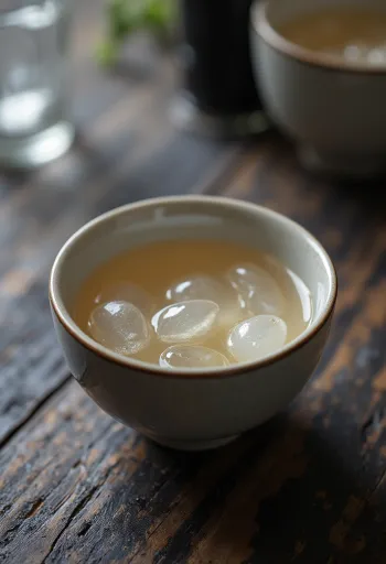 전통 사케 병과 잔, 쌀알과 발효 누룩(코지)