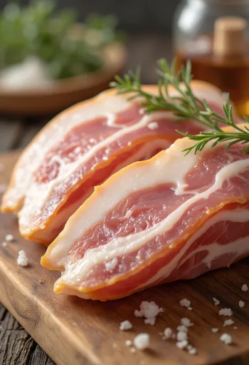 나무 도마 위에 두툼하게 썰린 생 베이컨, 지방과 살코기의 층이 선명함