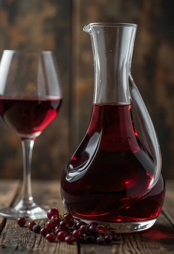 잔에 담긴 드라이 레드 와인, 주변에 짙은 색 포도와 포도즙, 배경의 오크통