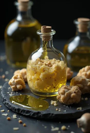 작은 병에 담긴 트러플 오일, 트러플 슬라이스와 함께 서빙된 모습