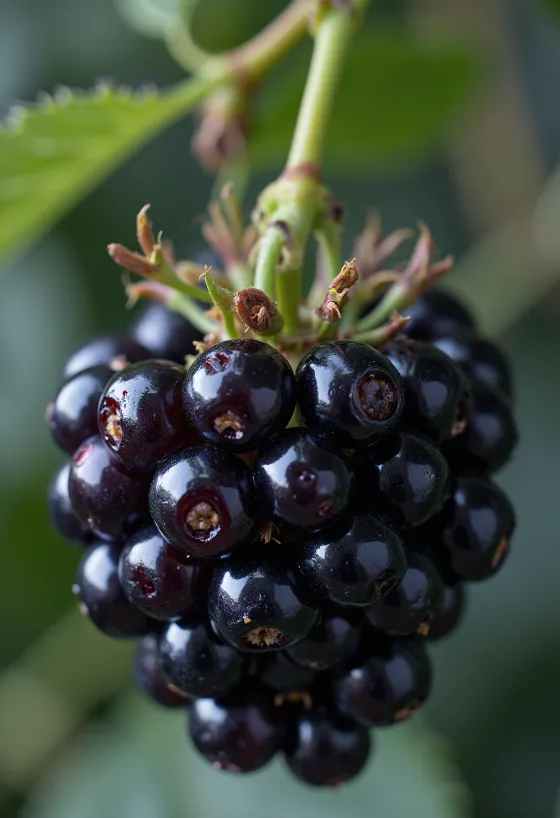 나무 테이블 위 도자기 그릇에 담긴 신선한 블랙베리와 수제 잼