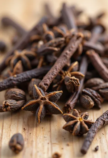 나무 테이블 위에 놓인 통 정향과 작은 그릇에 담긴 정향 가루