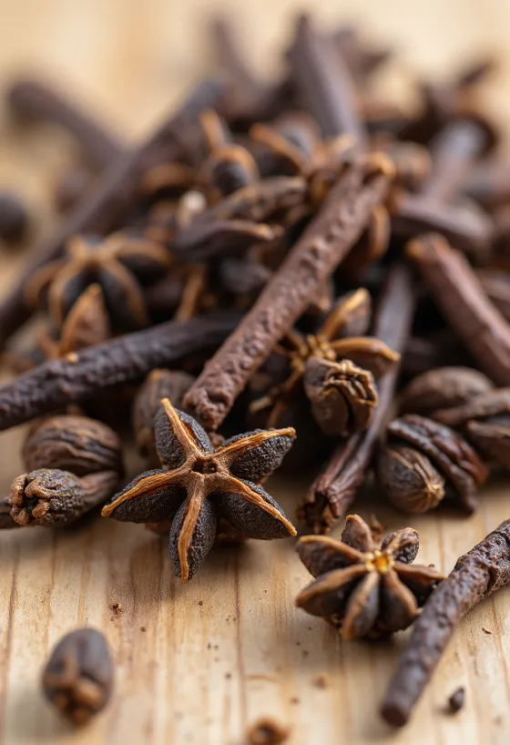 나무 테이블 위에 놓인 통 정향과 작은 그릇에 담긴 정향 가루