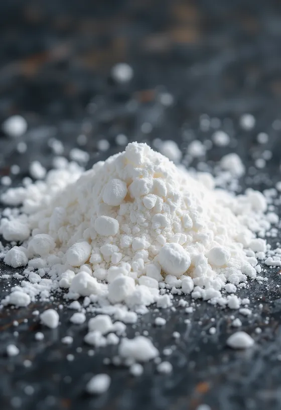 작은 그릇에 담긴 흰색 베이킹 소다 가루와 나무 숟가락