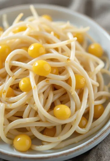 흰 접시 위에 놓인 신선하고 아삭한 콩나물