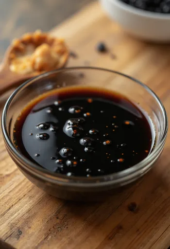 도자기 그릇에 담긴 간장, 주변의 발효 콩(메주콩), 볶은 밀, 천일염