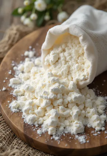 고운 타피오카 전분이 그릇과 숟가락에 담겨 있는 모습