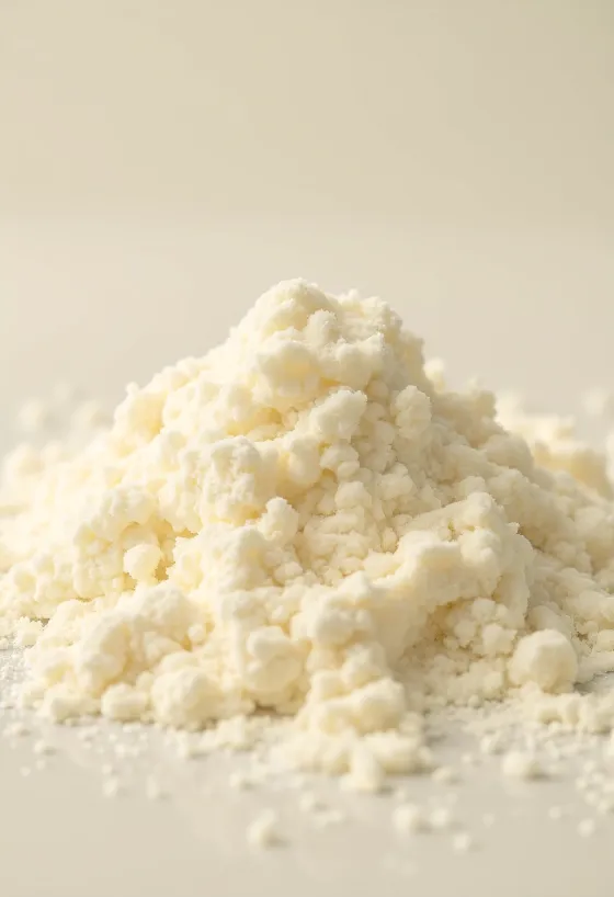 나무 그릇에 담긴 뽀얀 분유 가루와 나무 스푼, 주변에 흩뿌려진 가루