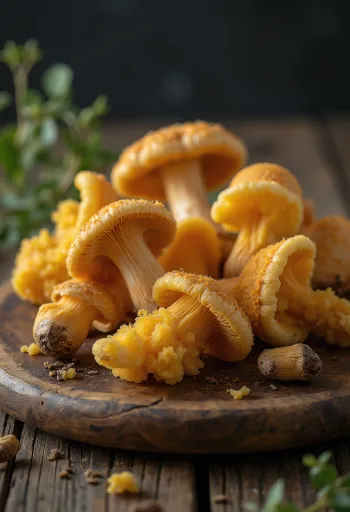 나무 도마 위에 손질된 겨울우산버섯(팽이버섯 원종)