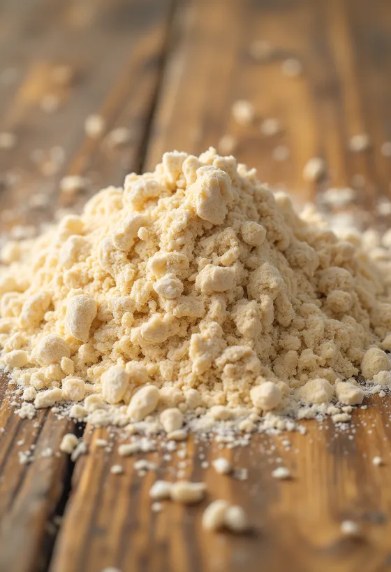 도자기 그릇에 수북이 담긴 갈색 통밀가루와 주변에 흩어진 가루