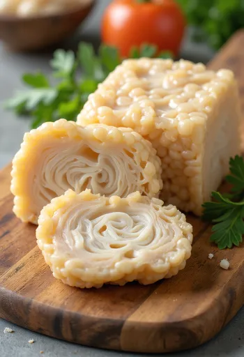 나무 도마 위의 슬라이스 된 템페와 접시에 담긴 구운 템페