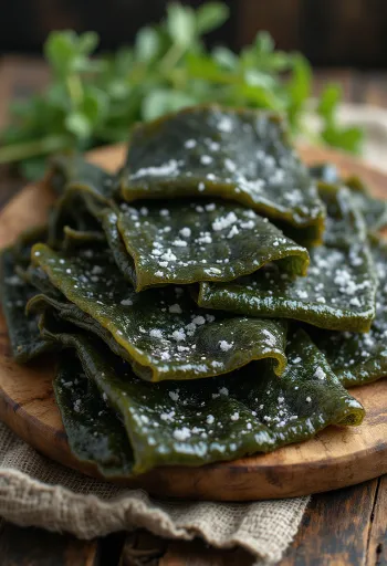 두껍고 진한 색의 건조 다시마 표면 질감