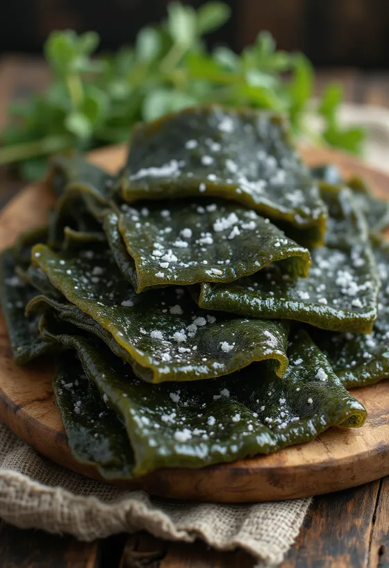 두껍고 진한 색의 건조 다시마 표면 질감