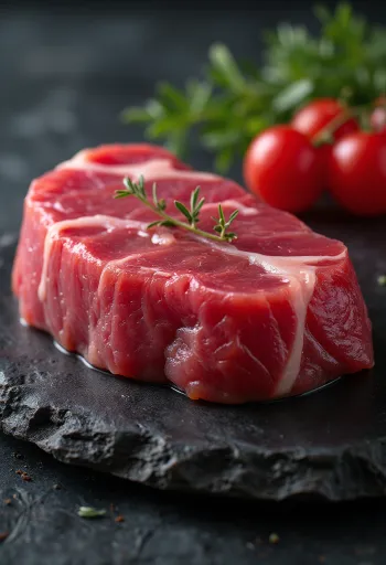 나무 도마 위에 놓인 양념된 신선한 참치 스테이크와 레몬