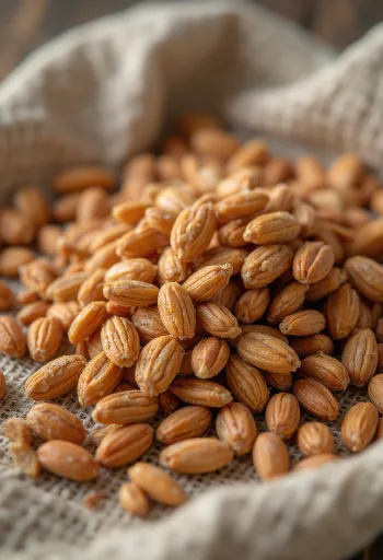 소박한 도기 그릇에 담긴 스펠트 밀 낱알과 나무 테이블