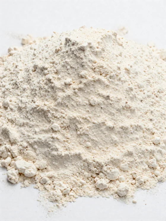 도자기 그릇에 담긴 자연스러운 밝은 갈색 톤의 스펠트 밀가루