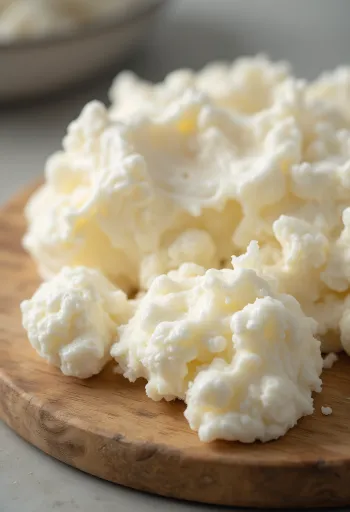 도자기 그릇에 담긴 신선한 코티지 치즈와 나무 숟가락