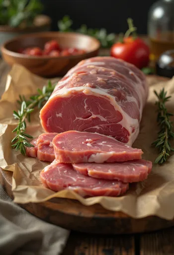 나무 도마 위 허브와 향신료로 시즈닝 된 생 멧돼지 등심