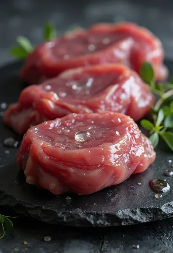 나무 도마 위 허브와 함께 손질된 신선한 야생 오리 가슴살과 다리살