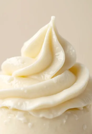 유리볼에 담겨 스패출러로 펴 바른 크리미한 버터크림과 나무 배경