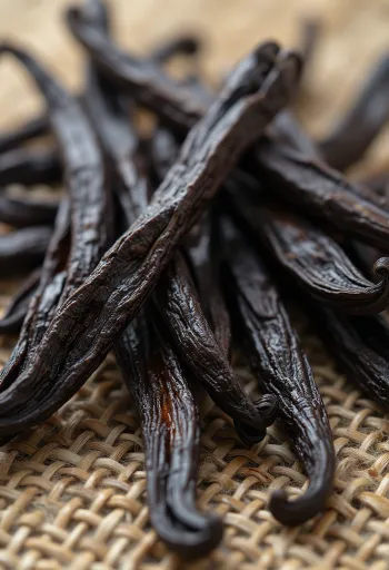 나무 테이블 위에 놓인 천연 상태의 말린 바닐라 빈