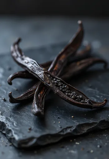 도자기 그릇과 나무 테이블 위에 놓인 말린 바닐라 빈