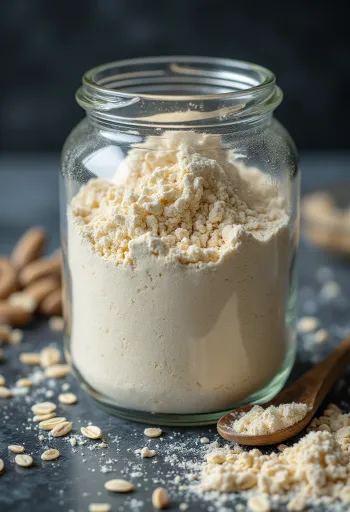 도기 그릇에 담긴 고운 귀리 가루와 나무 테이블