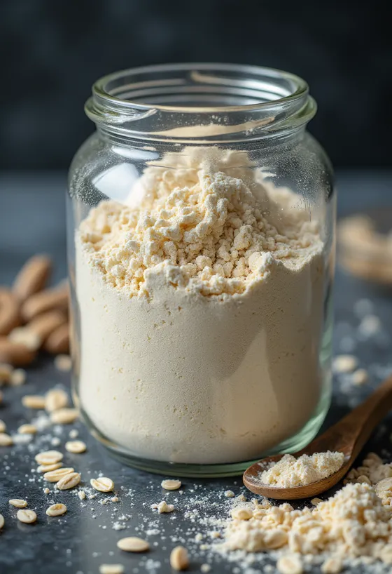 도기 그릇에 담긴 고운 귀리 가루와 나무 테이블