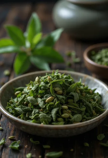 작은 그릇에 담긴 건조 녹차 잎과 나무 스푼, 주변에 흩어진 찻잎