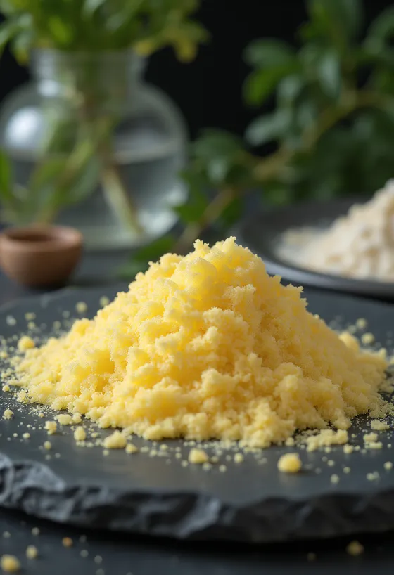 작은 그릇에 담긴 젤라틴 가루와 계량 스푼