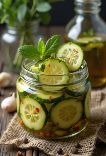 유리병에 담긴 매운 식초 절임 오이 슬라이스