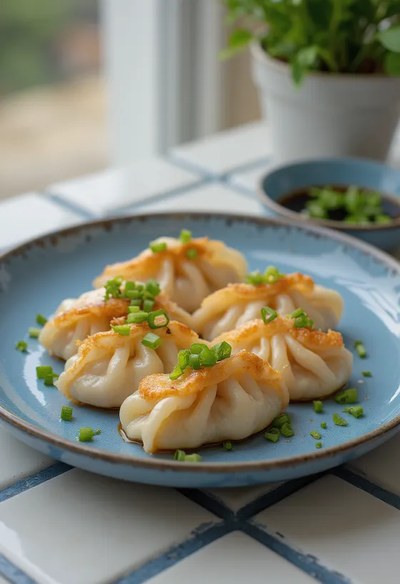 새우 필링을 넣고 바닥을 바삭하게 구운 일본식 새우 교자, 간장 소스와 함께 서빙