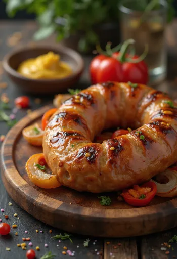 노릇하게 구워 바삭한 껍질과 신선한 허브를 곁들인 구운 소시지