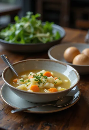 신선한 허브를 뿌린 맑은 비건 콜라비 수프