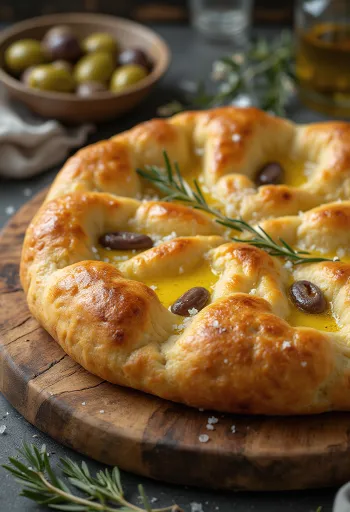 로즈마리와 굵은 소금을 뿌린 노릇한 Pizza Focaccia