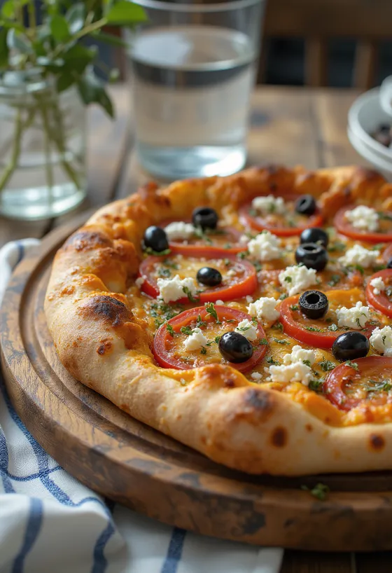 페타 치즈, 블랙 올리브, 토마토가 토핑된 Pizza Greca