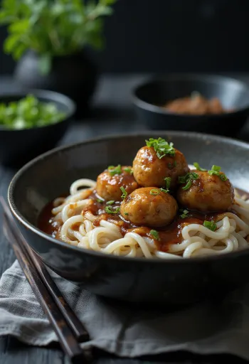 간장 소스와 쌀국수를 곁들인 미트볼