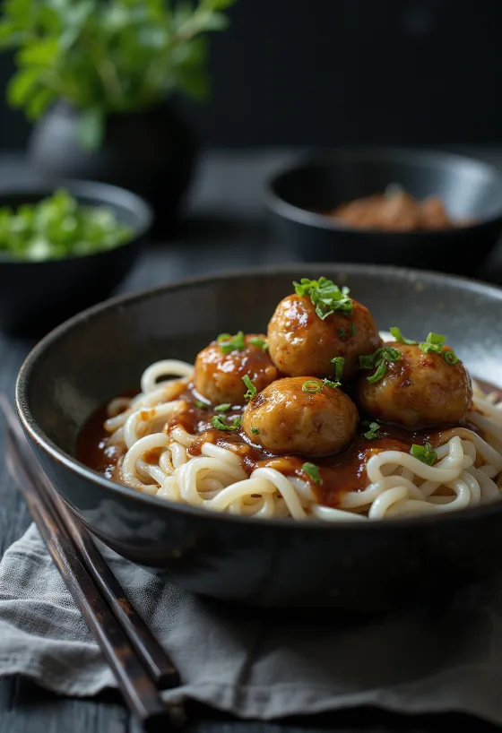 간장 소스와 쌀국수를 곁들인 미트볼