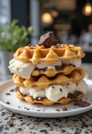 바닐라 아이스크림과 초콜릿 칩을 곁들인 아이스크림 샌드위치 와플