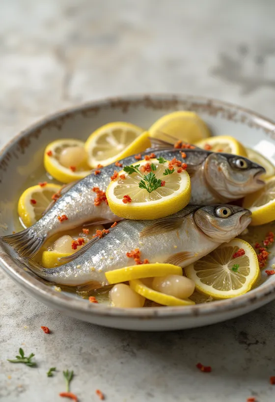 레몬과 향신료가 든 유리 병에 담긴 절인 정어리