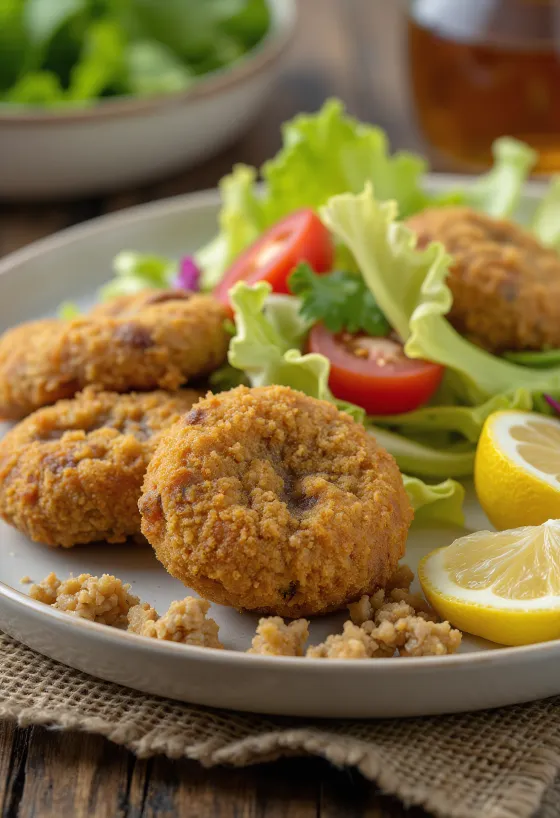 신선한 샐러드와 함께 제공된 버섯 튀김