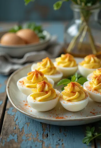 신선한 허브와 파프리카로 장식한 데빌드 에그