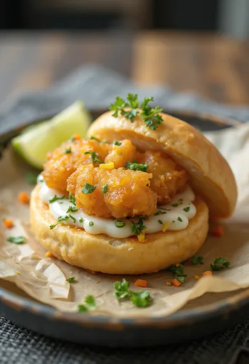 생선 튀김과 허브 소스를 곁들인 Fish Tempura Bao