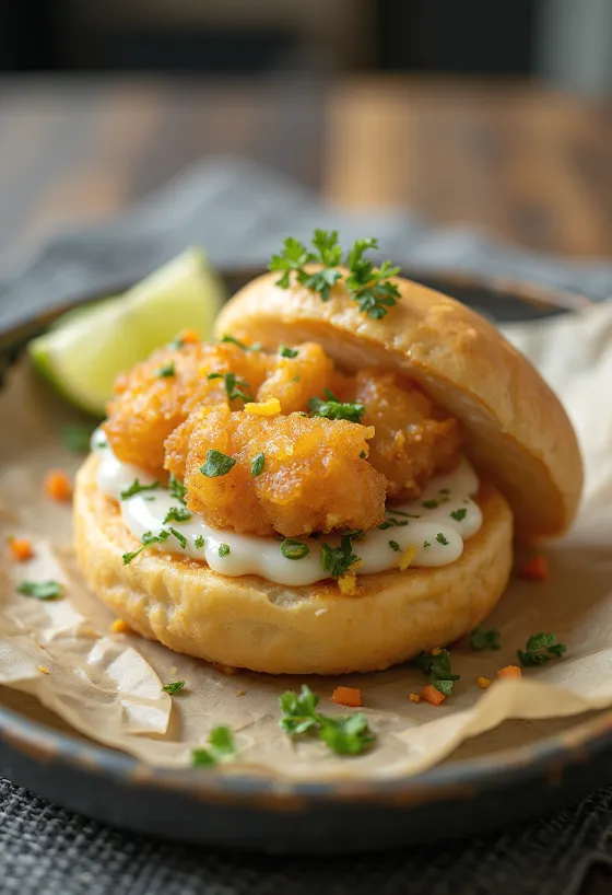 생선 튀김과 허브 소스를 곁들인 Fish Tempura Bao