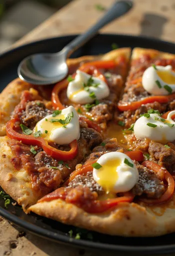양념 고기와 신선한 요거트를 올린 Pizza Iskender
