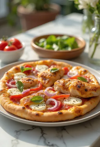 붉은 파프리카와 모짜렐라를 곁들인 치킨 피자