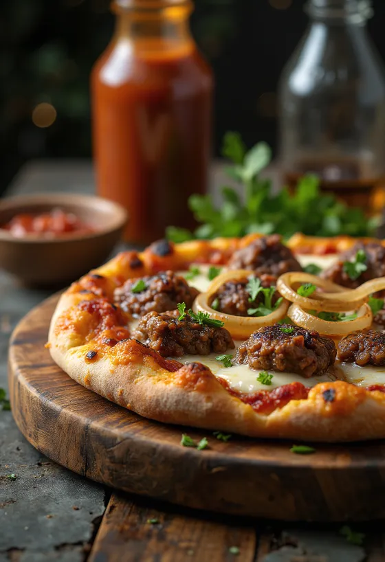 구운 고기 큐브와 고수가 토핑된 Pizza Kenyan Nyama Choma